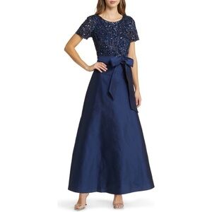 Pisarro Nights Navy Blue Beaded Bodice Mixed Media Formal Evening Gown 20 NWT